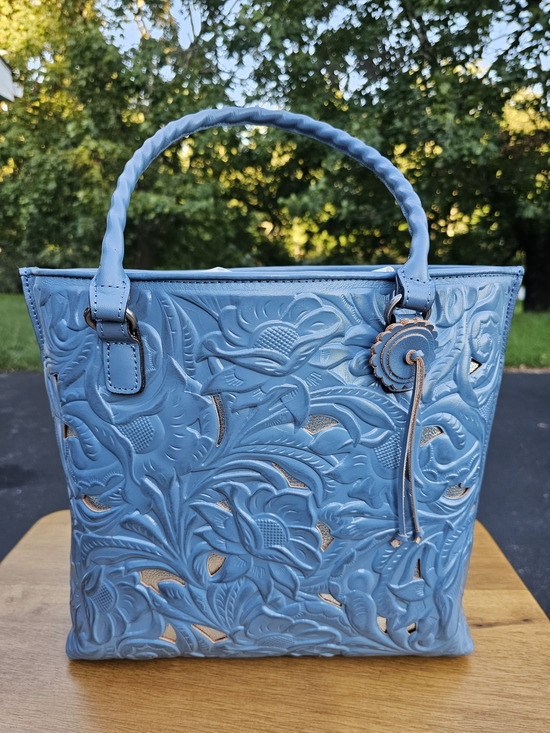 Patricia Nash Handbags - Patricia Nash Sky Blue Floral Tooled Leather Tote with Tassel